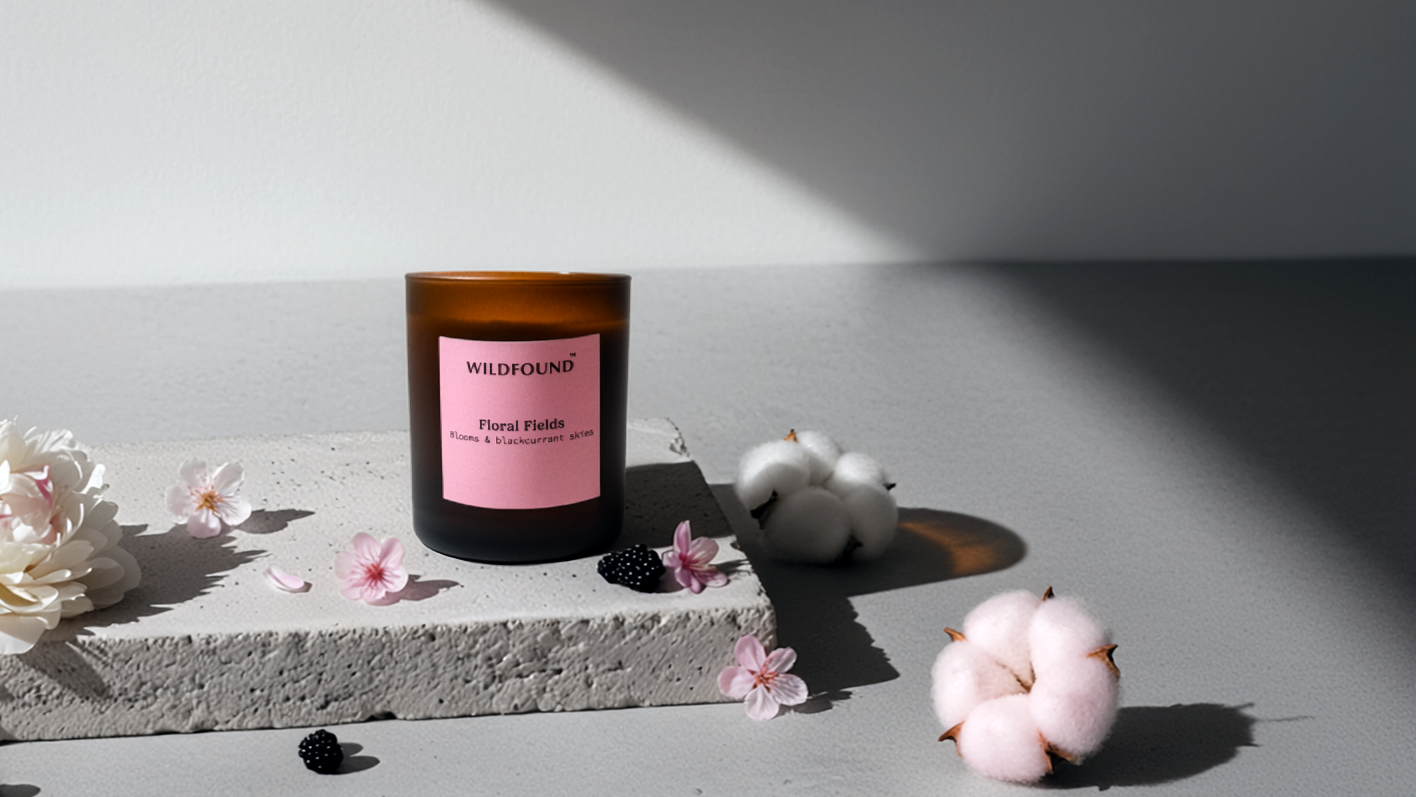 Candle with a pink label on a concrete surface with flowers and cotton balls.